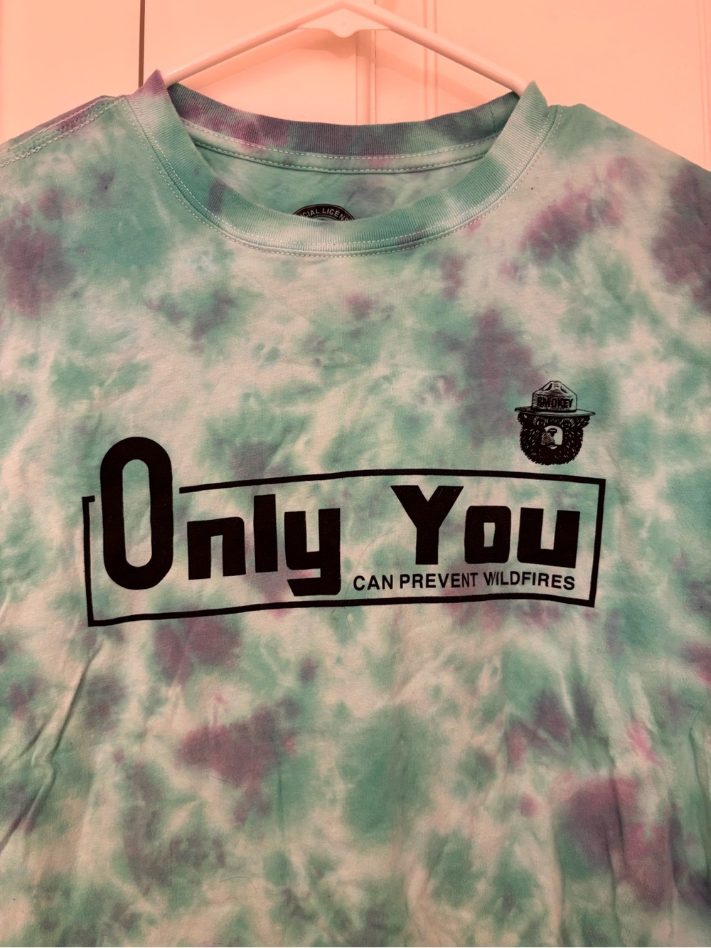 Smokey the Bear Tie-Dye Aqua & Purple Cropped Tee - Picture 3 of 4